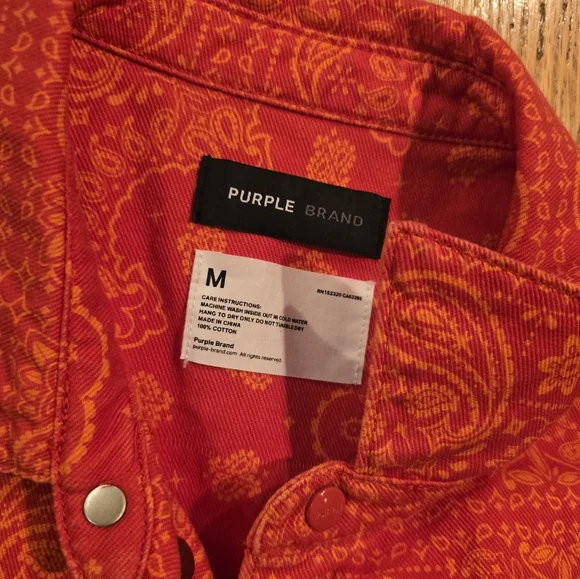 Purple Brand Orange Paisley Bandana Cotton Denim Short Sleeve Shirt Size M